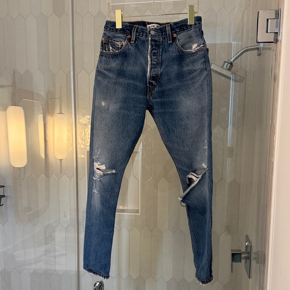 Re/Done Blue Distressed Straight Leg Jeans